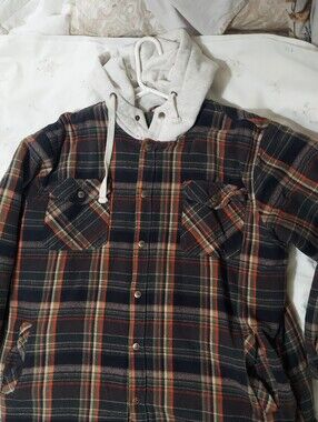 Legendary Whitetails Black Plaid Hooded Shirt Jacket with Orange Stripes
